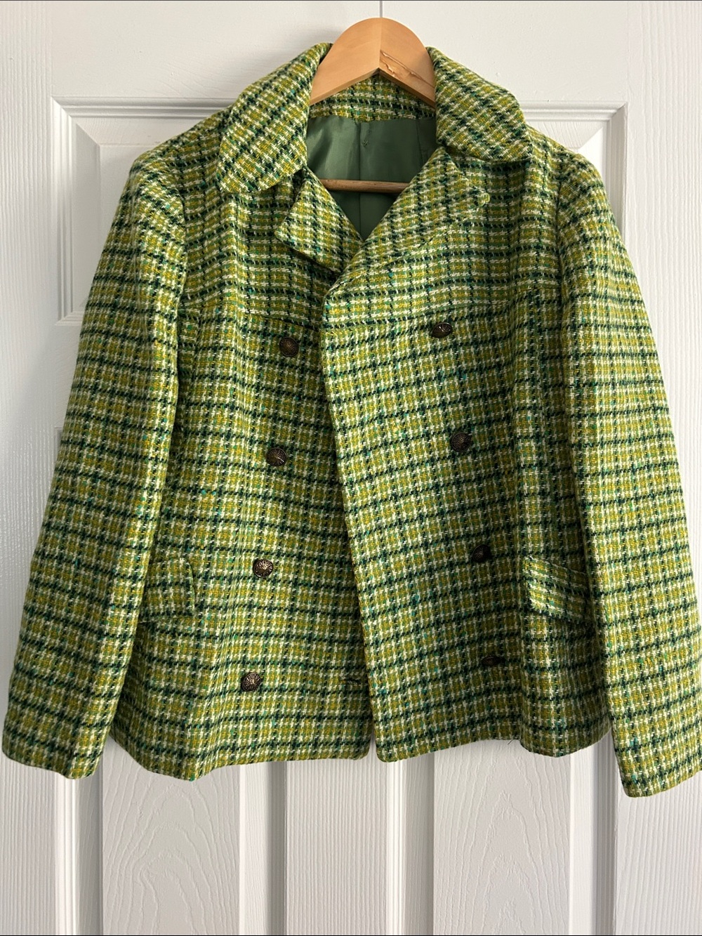 Green Plaid Tweed Double Breasted Jacket Vintage Mod Blazer
